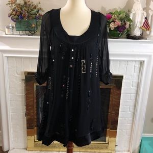 Vintage Digs Black Silk chiffon Beaded/Rhinestones